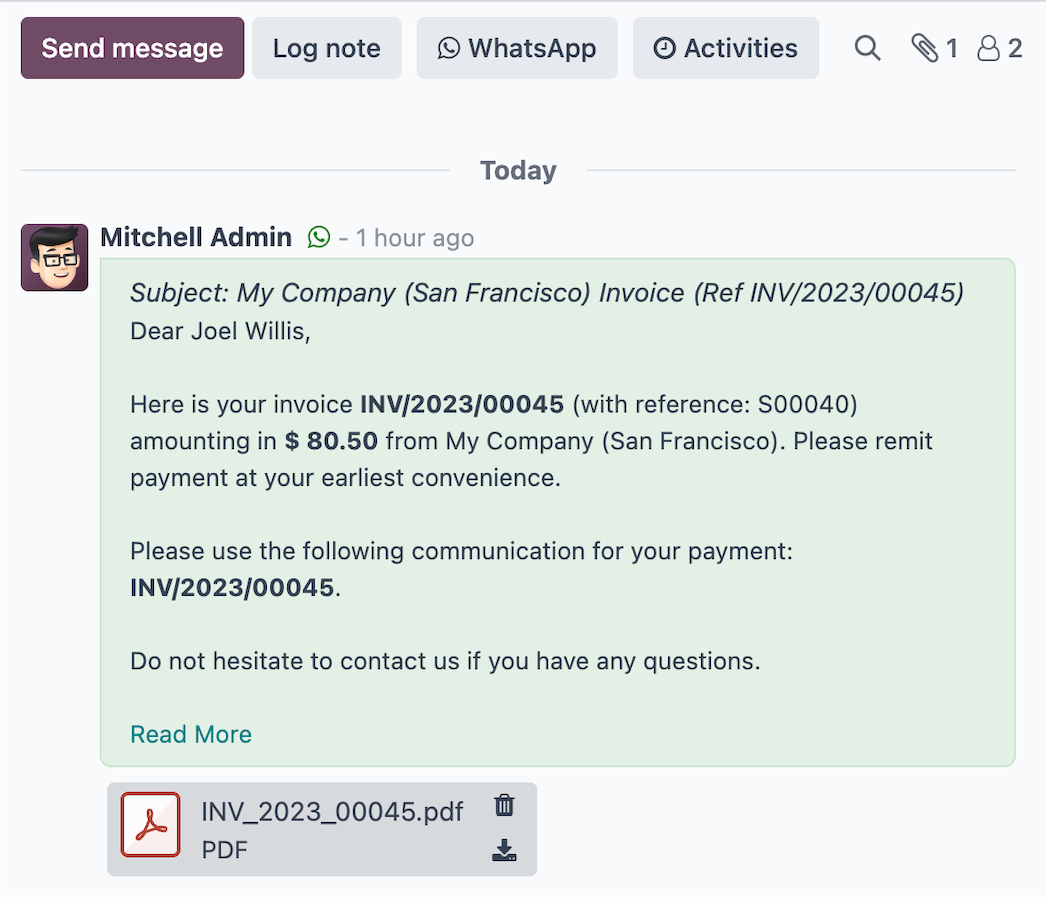 Historial de conversaciones de WhatsApp accesible desde las fichas de cliente en Odoo Enterprise