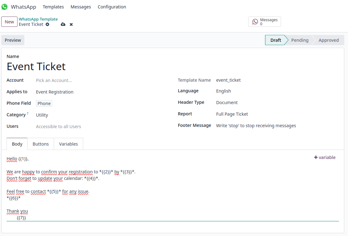 Captura de la integracion de WhatsApp Business API con plantillas en Odoo