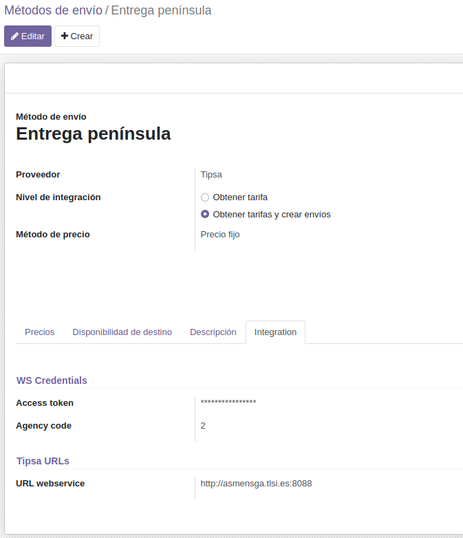 Configuración envío